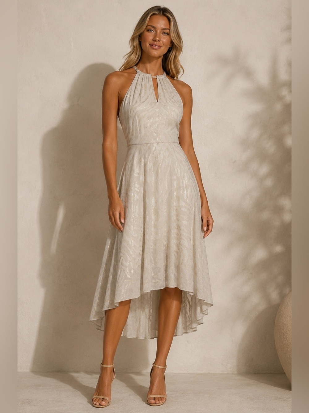 Size 10 White House black market dress asymmetrical gold chain so pretty